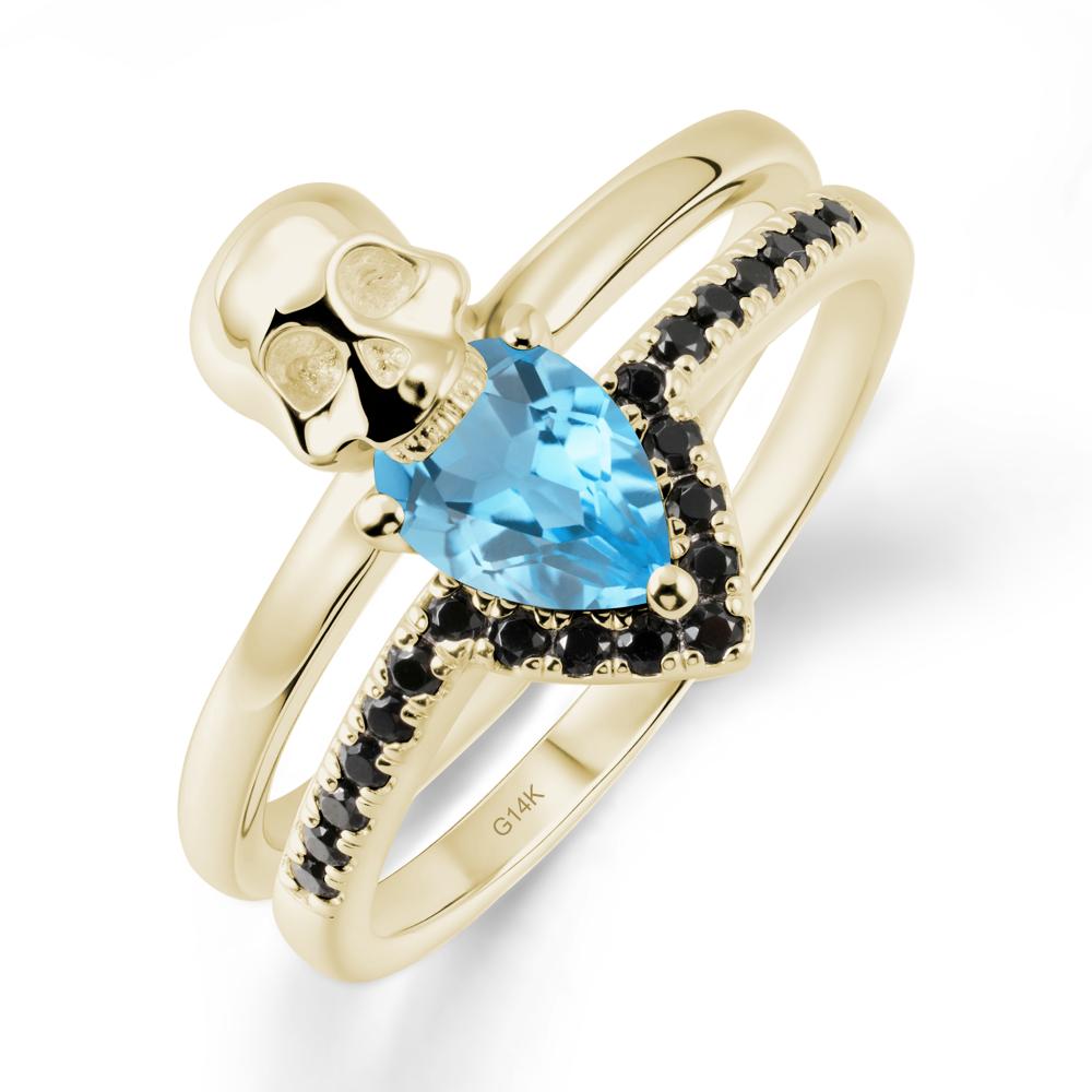 Halloween Skull Swiss Blue Topaz and Black Spinel Ring - LUO Jewelry #metal_14k yellow gold