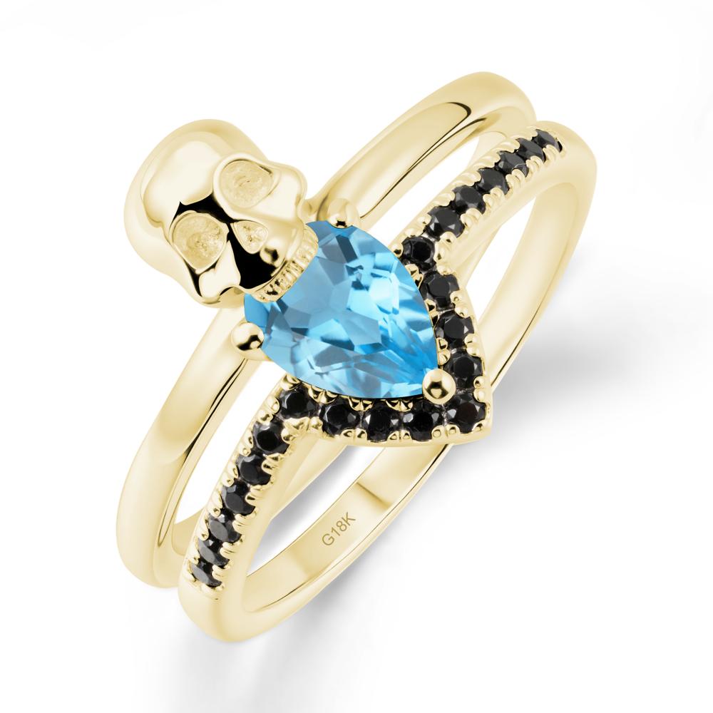 Halloween Skull Swiss Blue Topaz and Black Spinel Ring - LUO Jewelry #metal_18k yellow gold