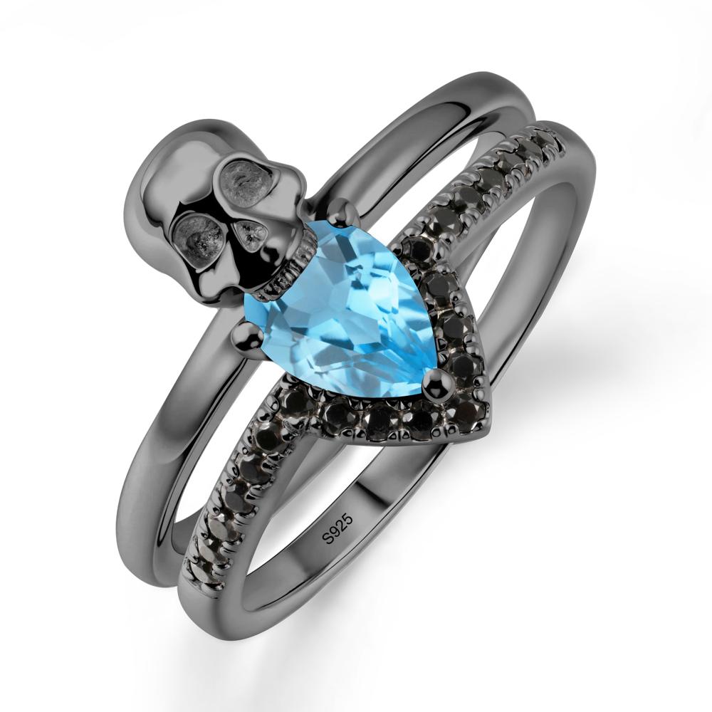 Halloween Skull Swiss Blue Topaz and Black Spinel Ring - LUO Jewelry #metal_black finish sterling silver