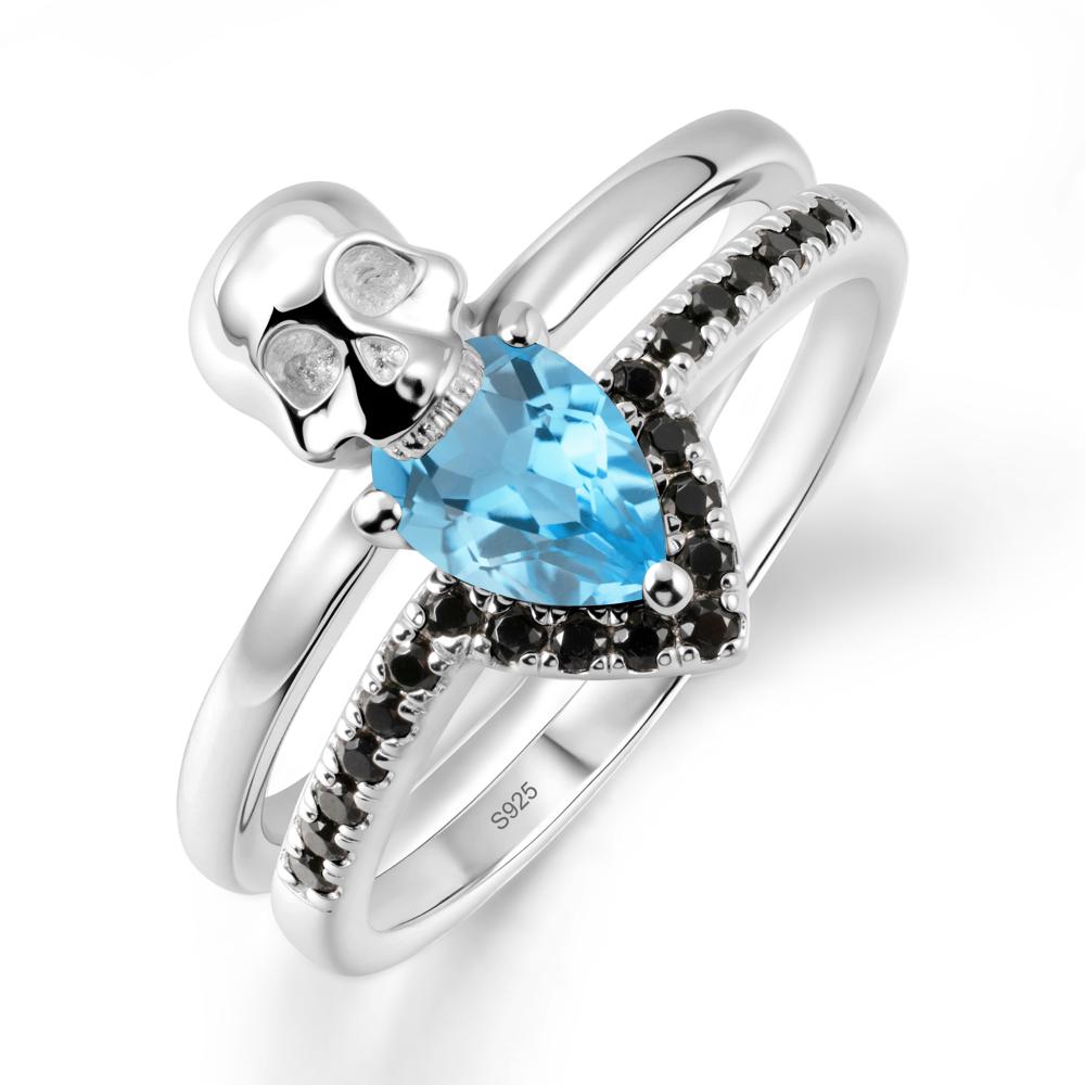 Halloween Skull Swiss Blue Topaz and Black Spinel Ring - LUO Jewelry #metal_sterling silver