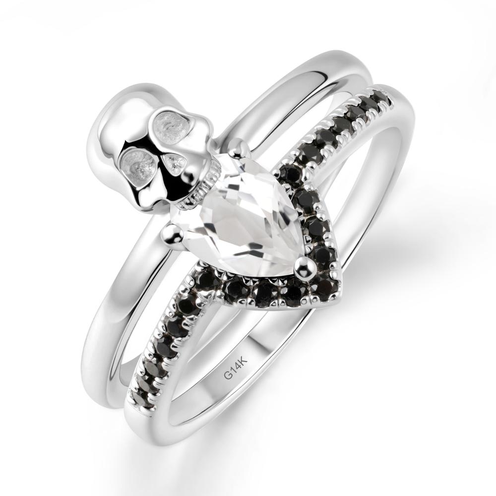Pear Shaped White Topaz and Black Spinel Halloween Ring - LUO Jewelry #metal_14k white gold