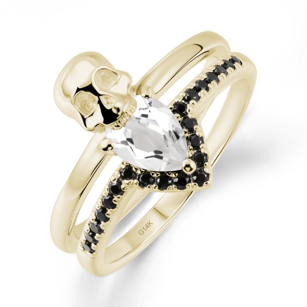 Pear Shaped White Topaz and Black Spinel Halloween Ring - LUO Jewelry #metal_14k yellow gold