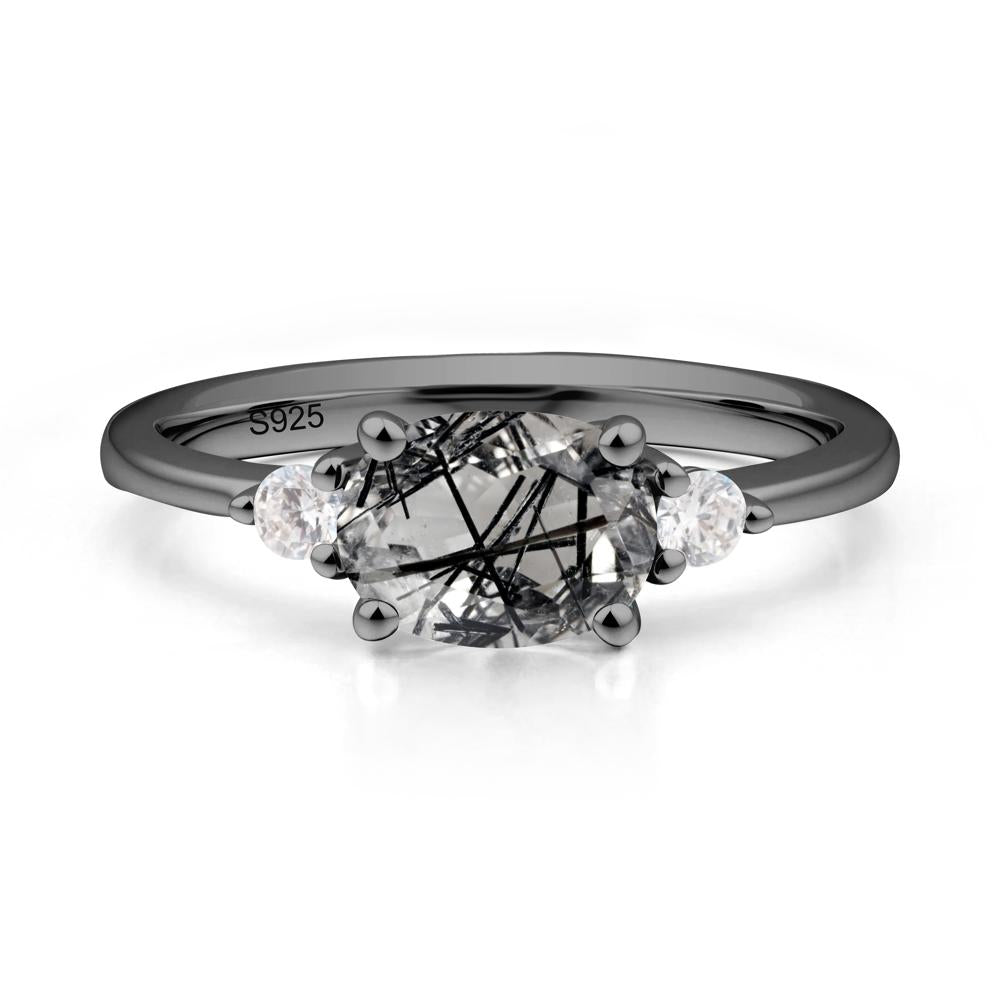 Oval East West Black Rutilated Quartz Trilogy Ring - LUO Jewelry #metal_black finish sterling silver