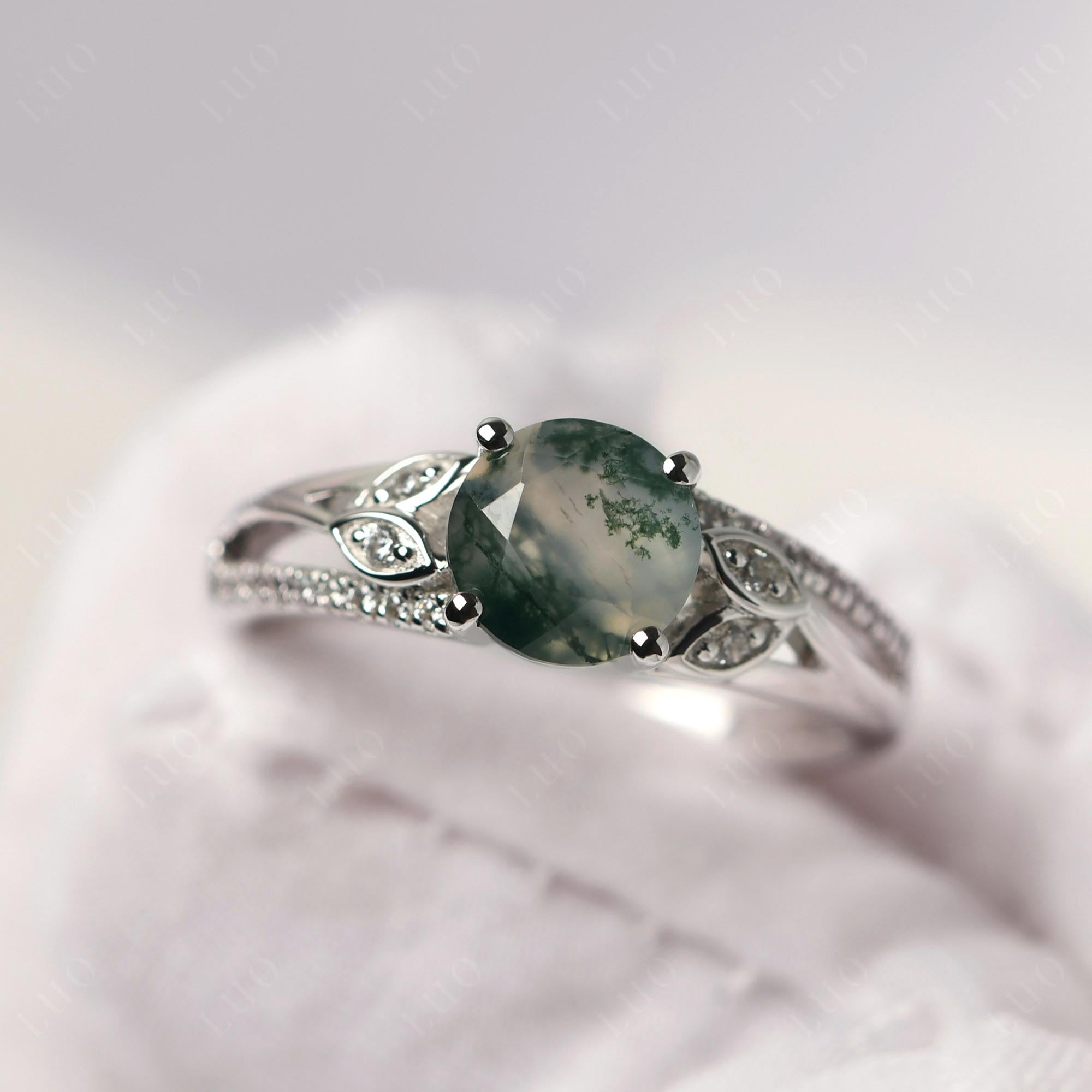 Leaf Inspired Moss Agate Engagement Ring - LUO Jewelry