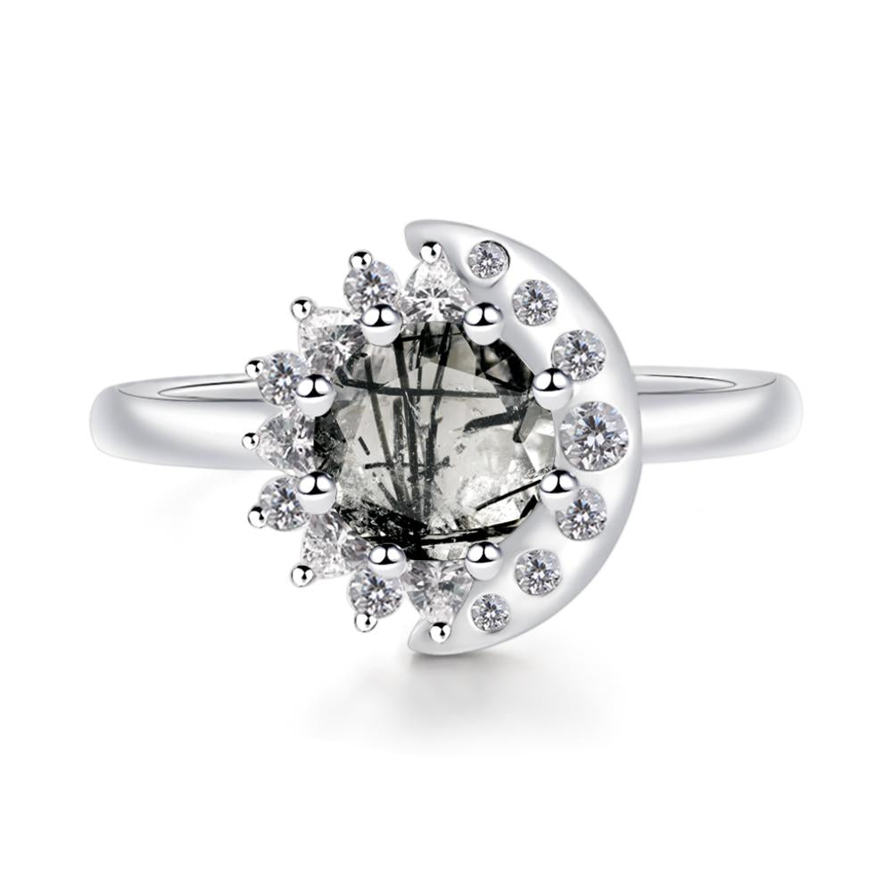 Black Rutilated Quartz Moon and Sun Ring - LUO Jewelry #metal_14k white gold