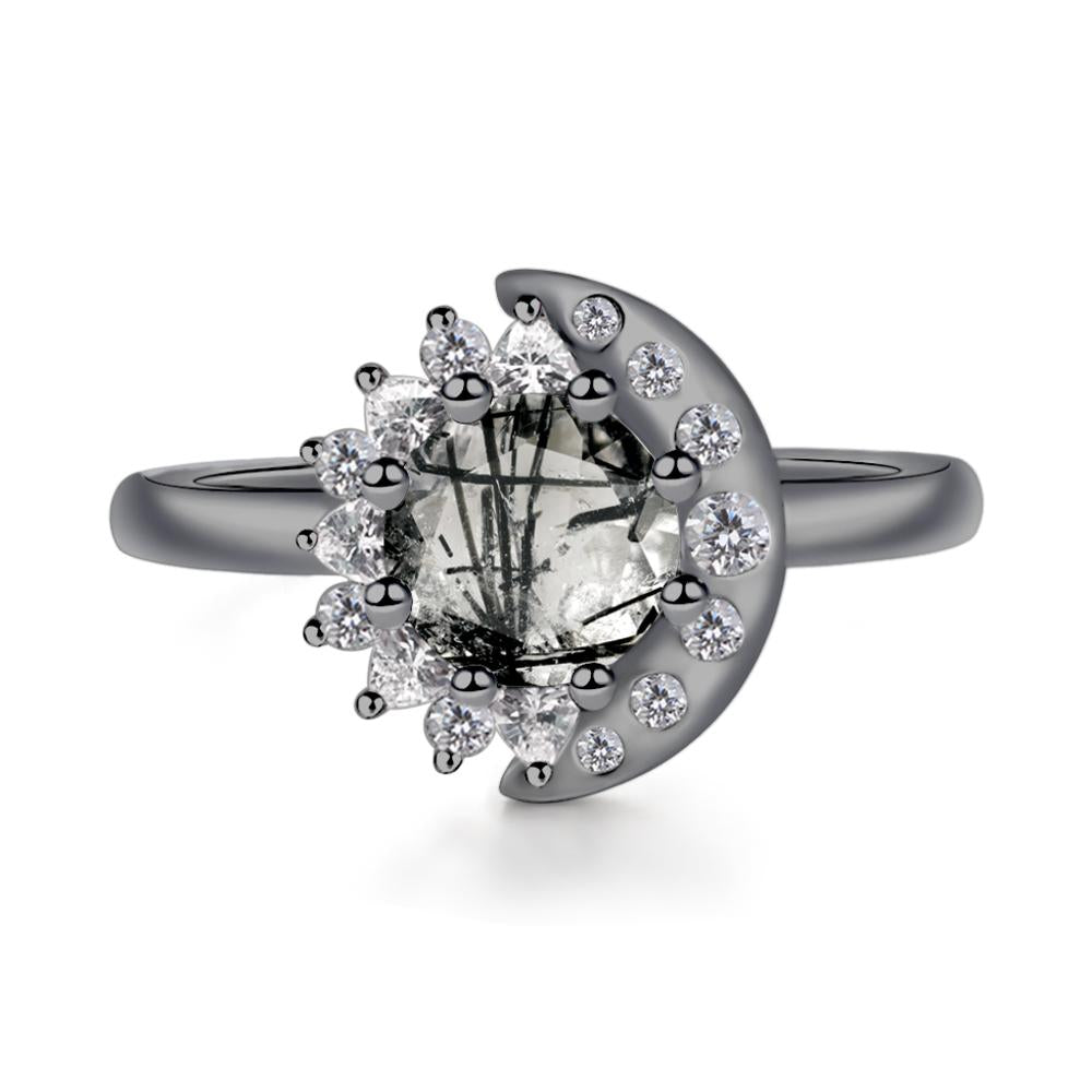 Black Rutilated Quartz Moon and Sun Ring - LUO Jewelry #metal_black finish sterling silver