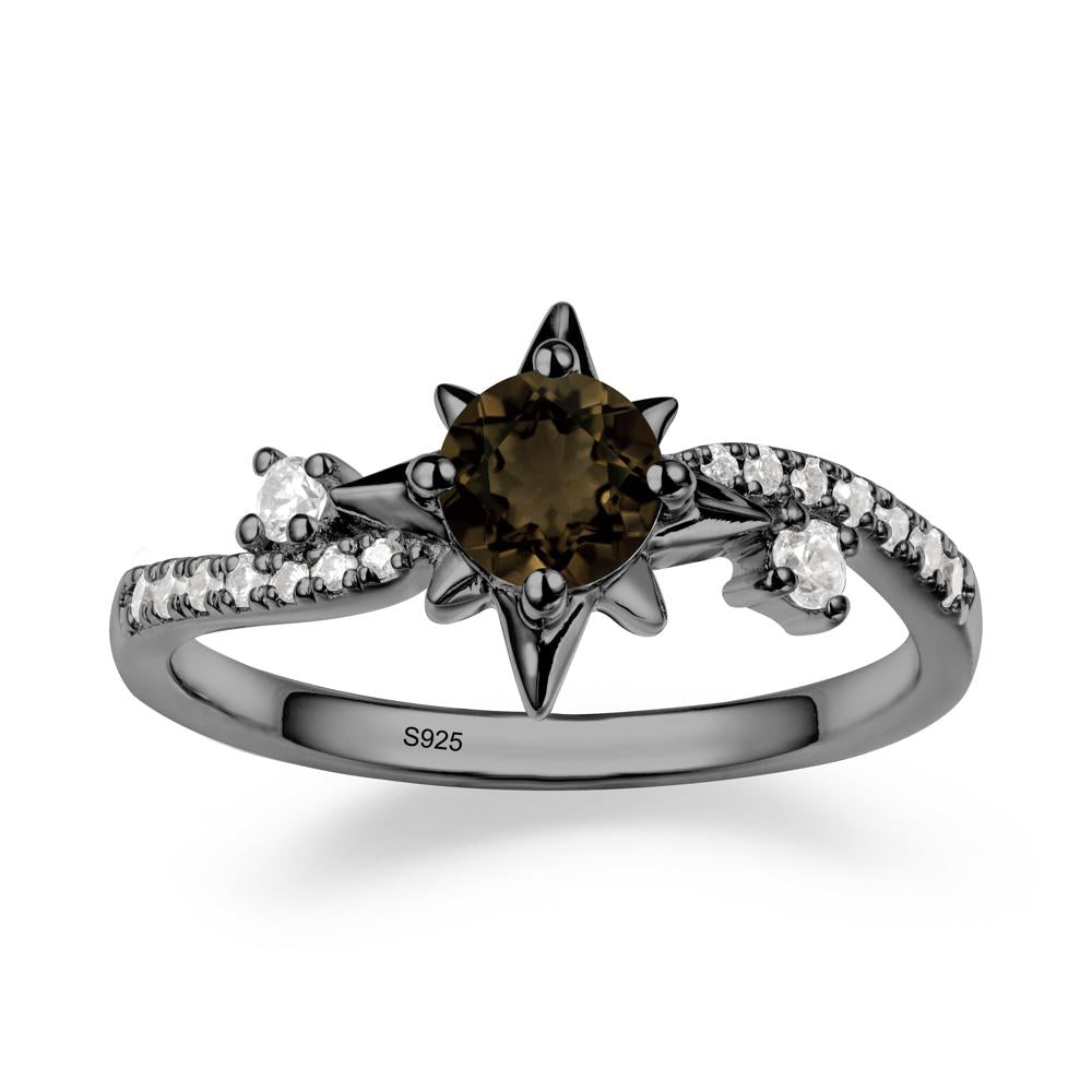 8-Pointed Star Round Smoky Quartz Ring - LUO Jewelry #metal_black finish sterling silver