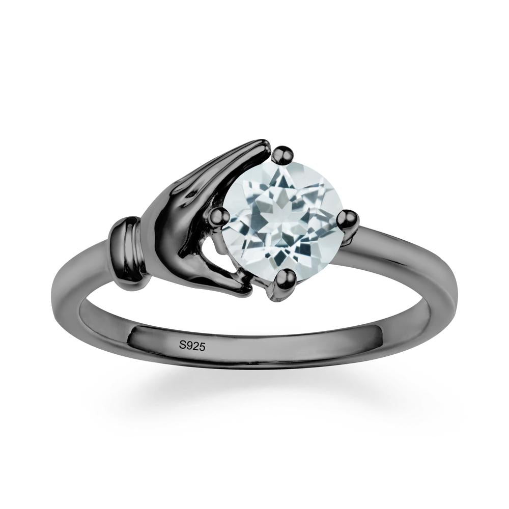 Cupping Hand Round Aquamarine Ring - LUO Jewelry #metal_black finish sterling silver
