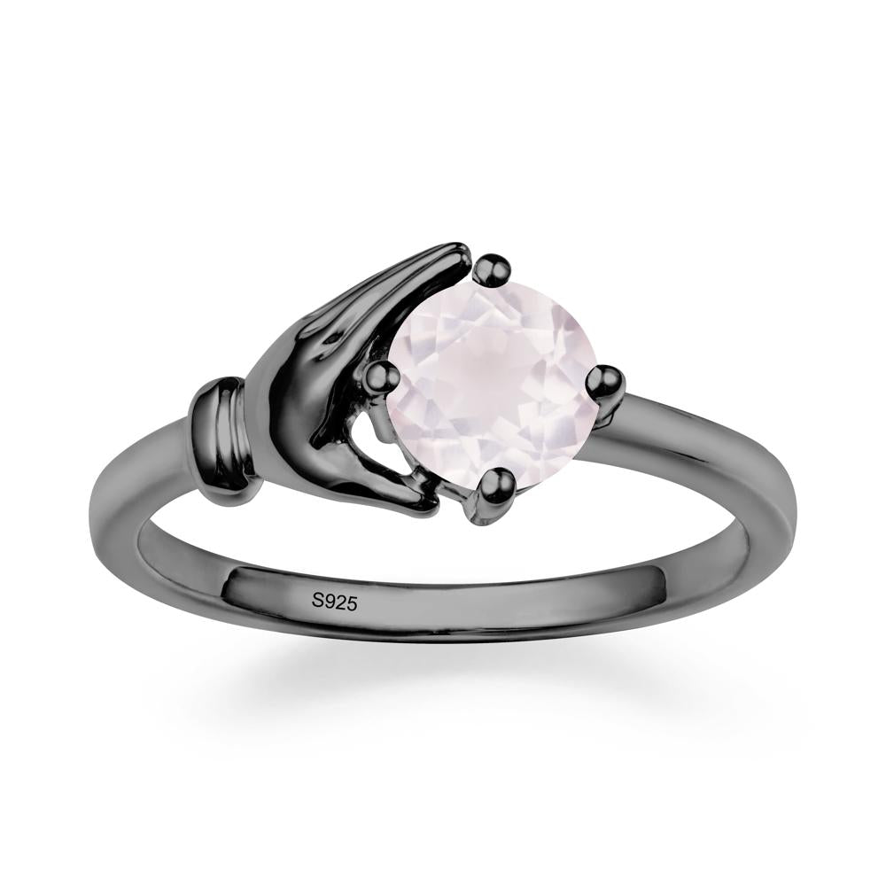 Cupping Hand Round Rose Quartz Ring - LUO Jewelry #metal_black finish sterling silver