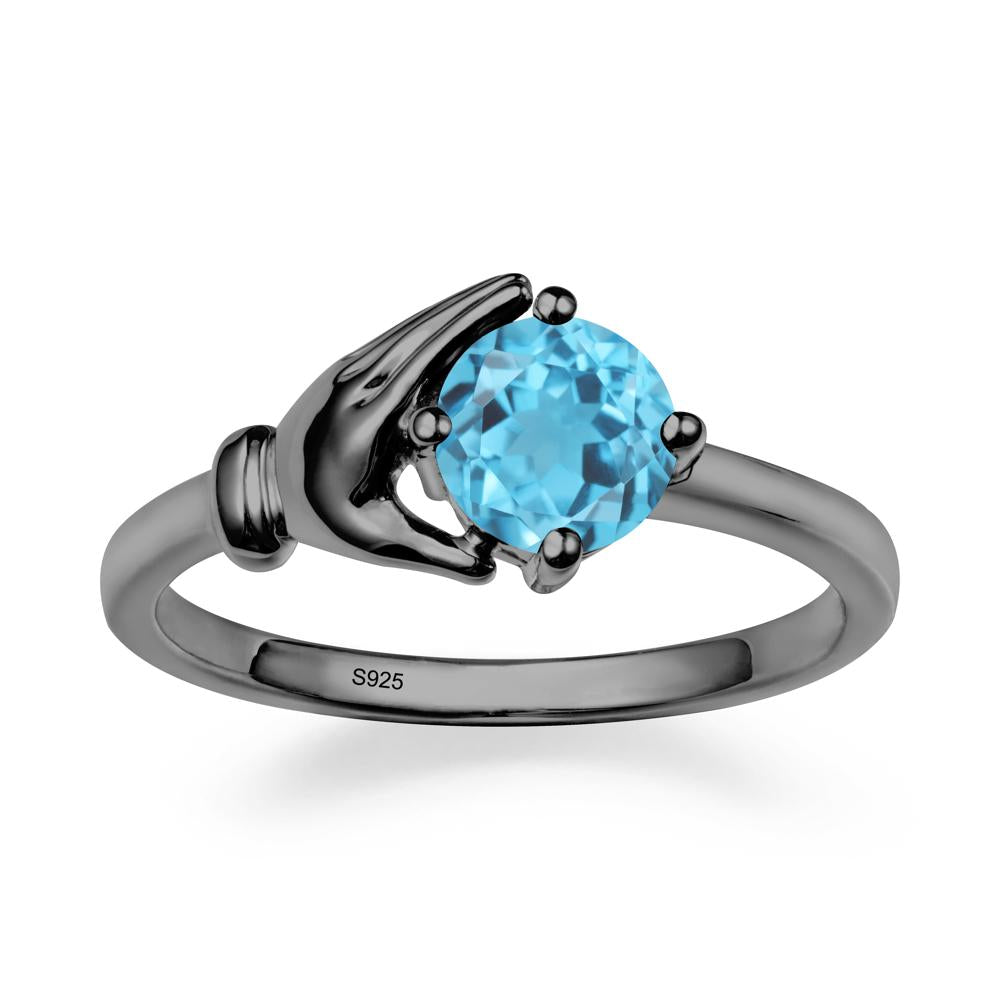 Swiss Blue Topaz Cupping Hand Ring In 14K Gold - LUO Jewelry #metal_black finish sterling silver