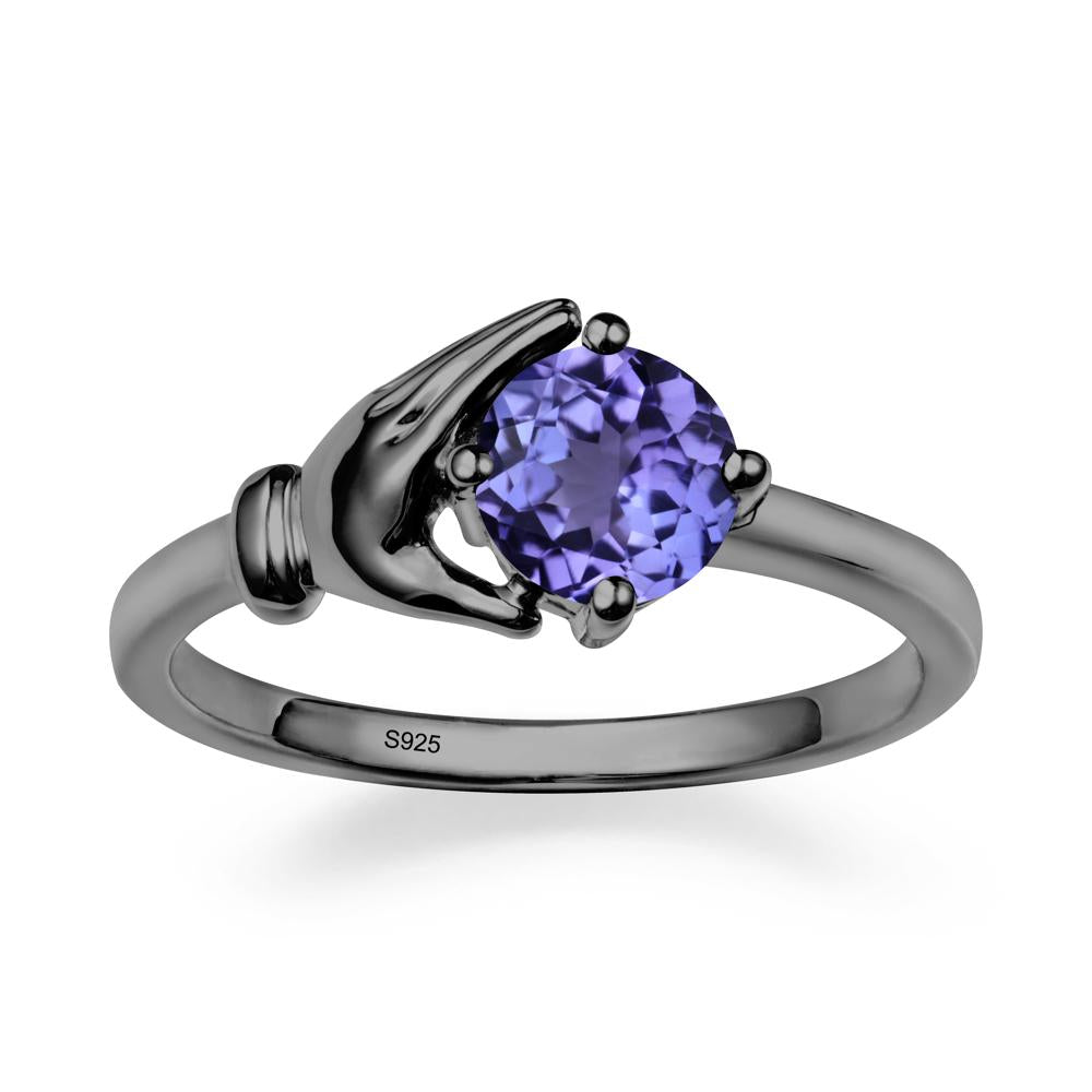 Cupping Hand Round Tanzanite Ring - LUO Jewelry #metal_black finish sterling silver