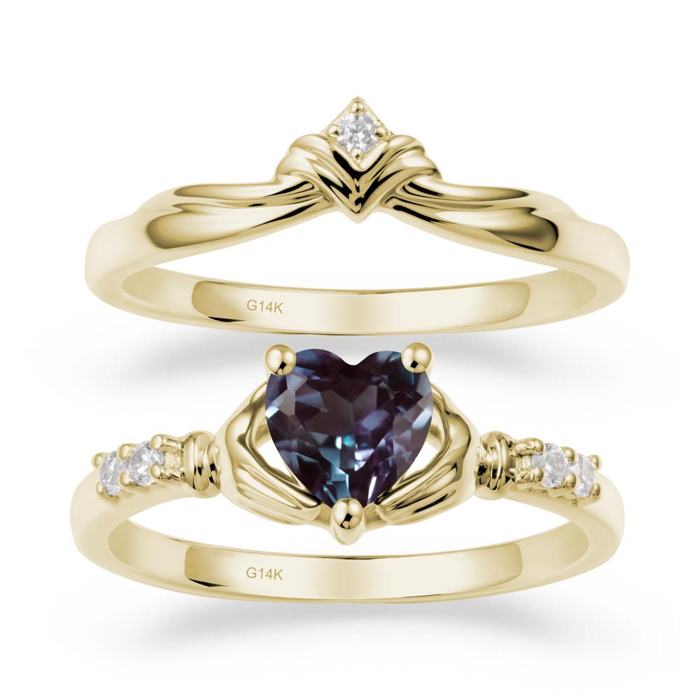 Heart Shaped Alexandrite Claddagh Wedding Band Sets - LUO Jewelry #metal_14k yellow gold