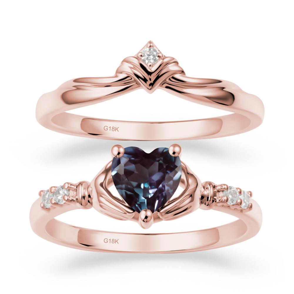 Heart Shaped Alexandrite Claddagh Wedding Band Sets - LUO Jewelry #metal_18k rose gold