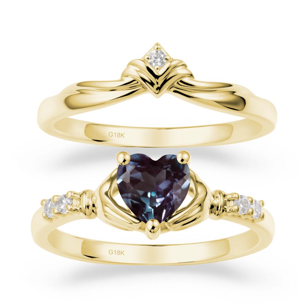 Heart Shaped Alexandrite Claddagh Wedding Band Sets - LUO Jewelry #metal_18k yellow gold