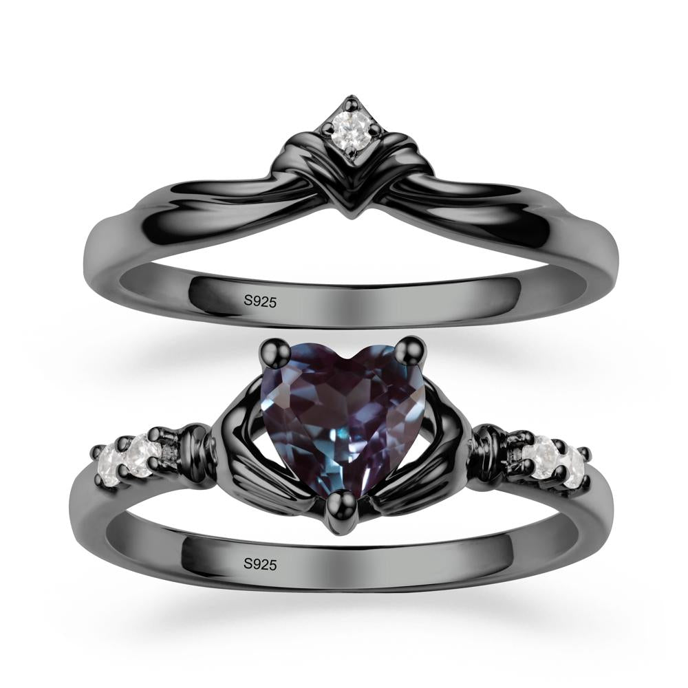 Heart Shaped Alexandrite Claddagh Wedding Band Sets - LUO Jewelry #metal_black finish sterling silver