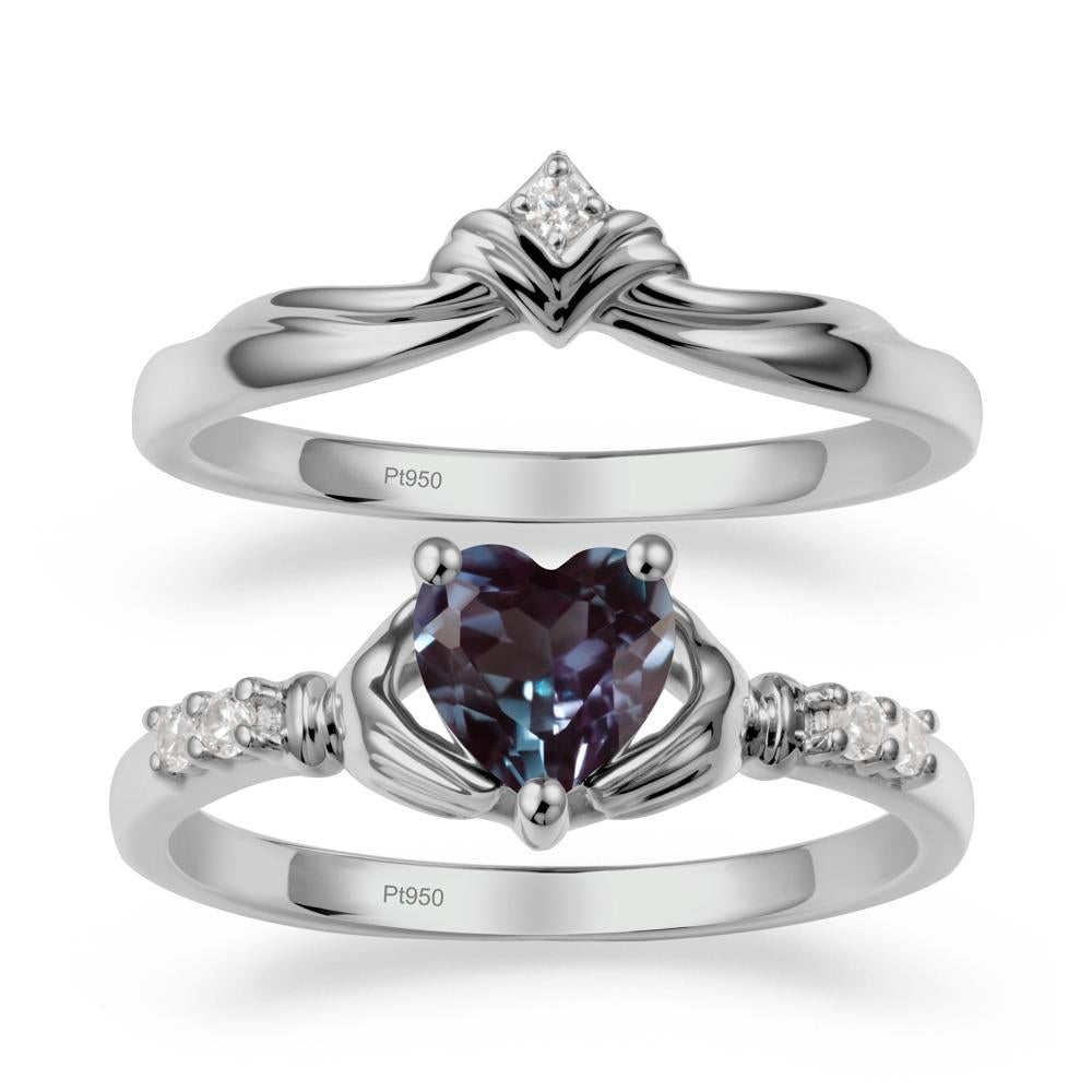 Heart Shaped Alexandrite Claddagh Wedding Band Sets - LUO Jewelry #metal_platinum