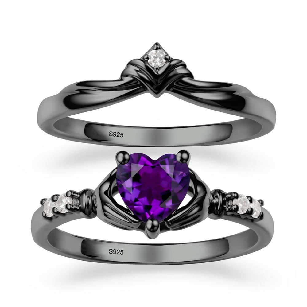 Amethyst Claddagh Wedding Ring Sets - LUO Jewelry #metal_black finish sterling silver