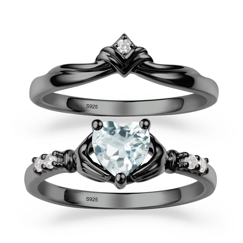 Aquamarine Claddagh Ring Bridal Set - LUO Jewelry #metal_black finish sterling silver