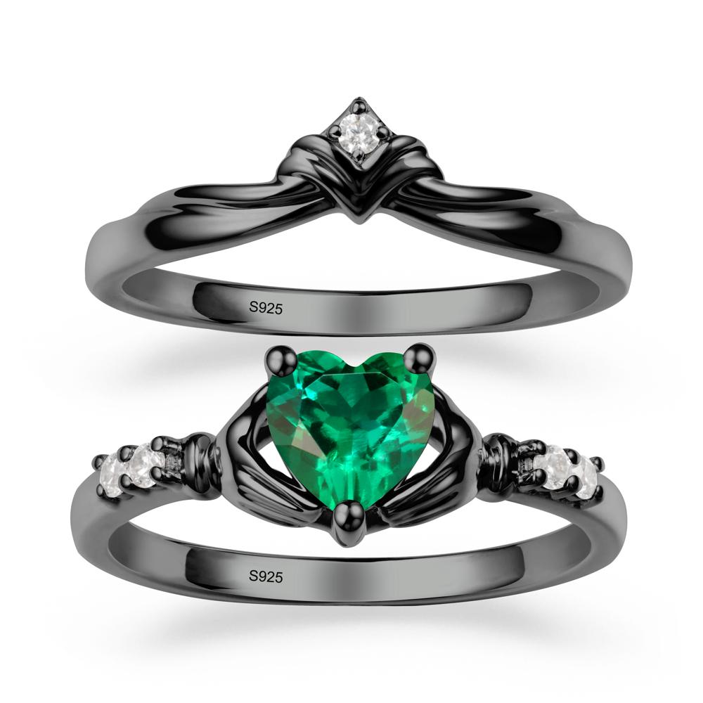 Emerald Claddagh Ring Bridal Set - LUO Jewelry #metal_black finish sterling silver