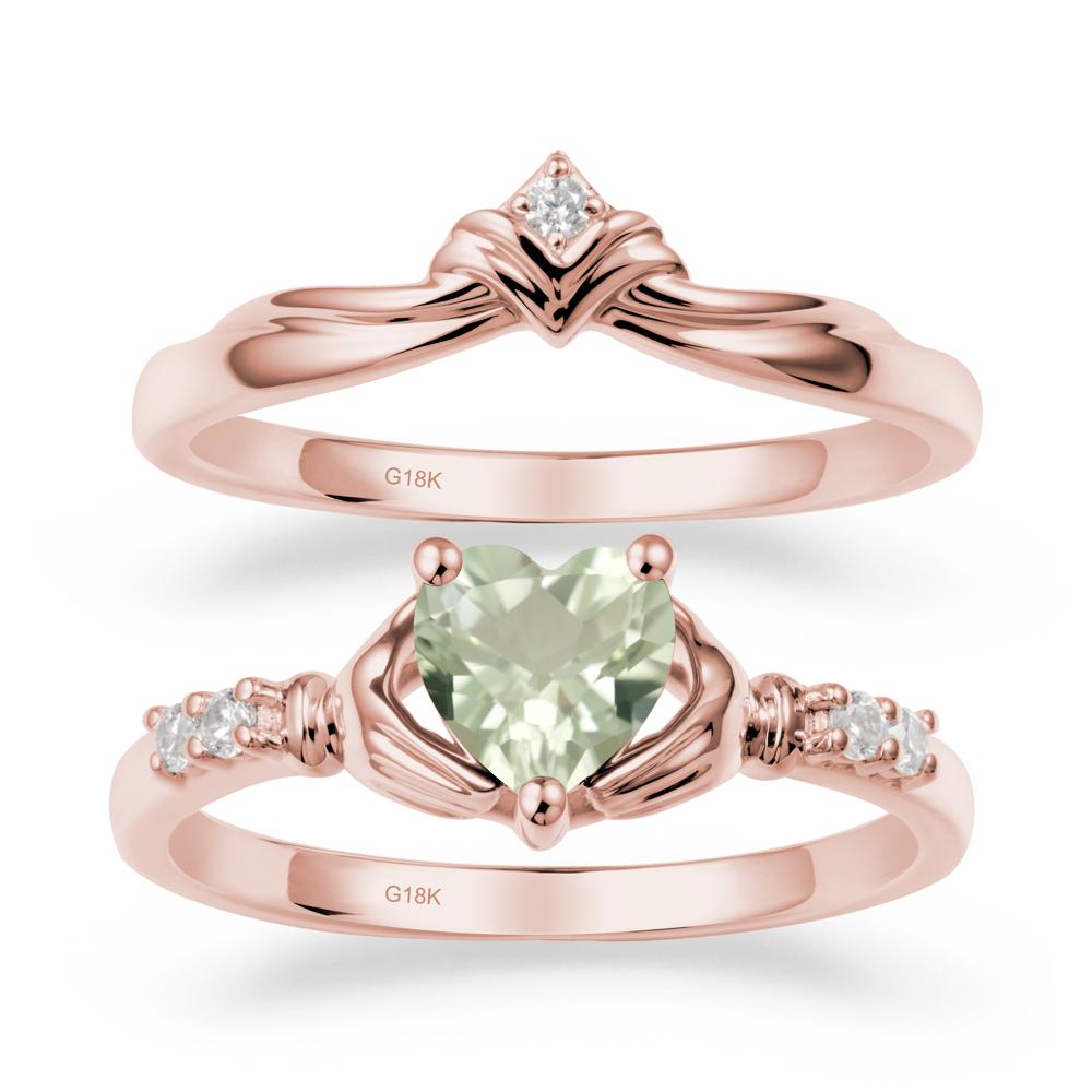 Heart Shaped Green Amethyst Claddagh Wedding Band Sets - LUO Jewelry #metal_18k rose gold