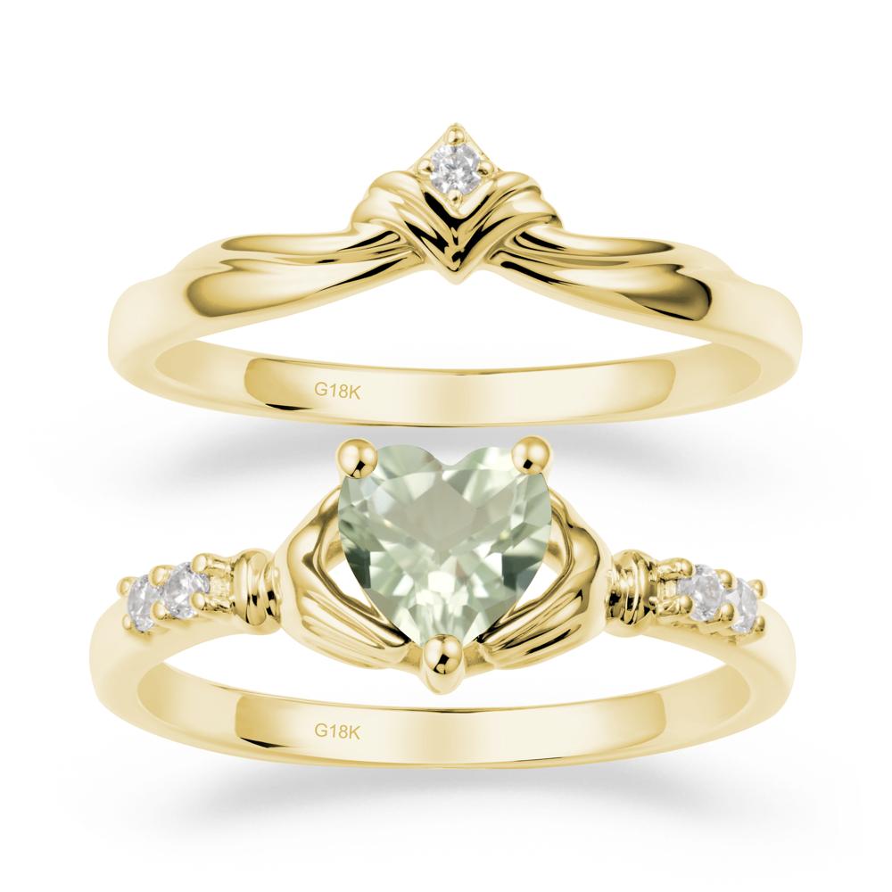 Heart Shaped Green Amethyst Claddagh Wedding Band Sets - LUO Jewelry #metal_18k yellow gold