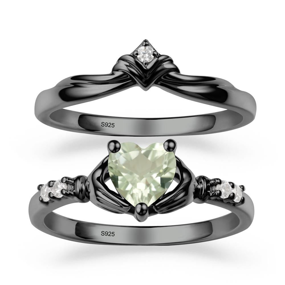 Heart Shaped Green Amethyst Claddagh Wedding Band Sets - LUO Jewelry #metal_black finish sterling silver