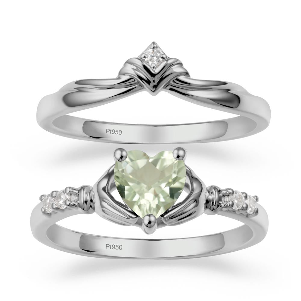 Heart Shaped Green Amethyst Claddagh Wedding Band Sets - LUO Jewelry #metal_platinum