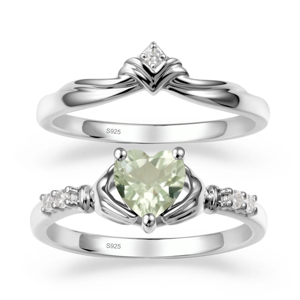 Heart Shaped Green Amethyst Claddagh Wedding Band Sets - LUO Jewelry #metal_sterling silver