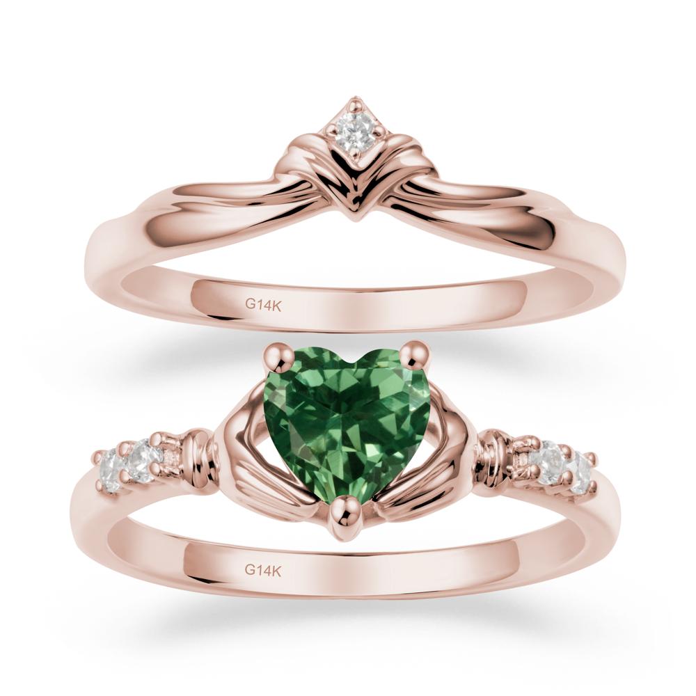 Green Sapphire Claddagh Wedding Ring Sets - LUO Jewelry #metal_14k rose gold