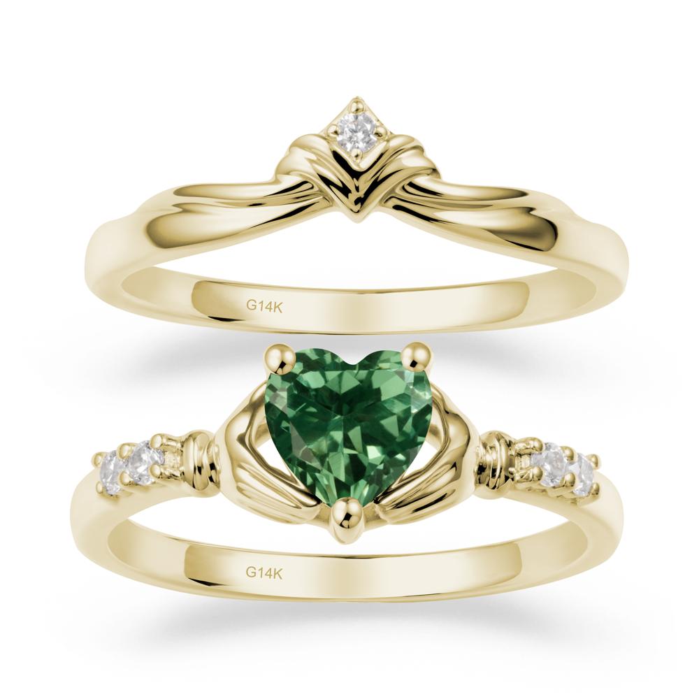 Green Sapphire Claddagh Wedding Ring Sets - LUO Jewelry #metal_14k yellow gold