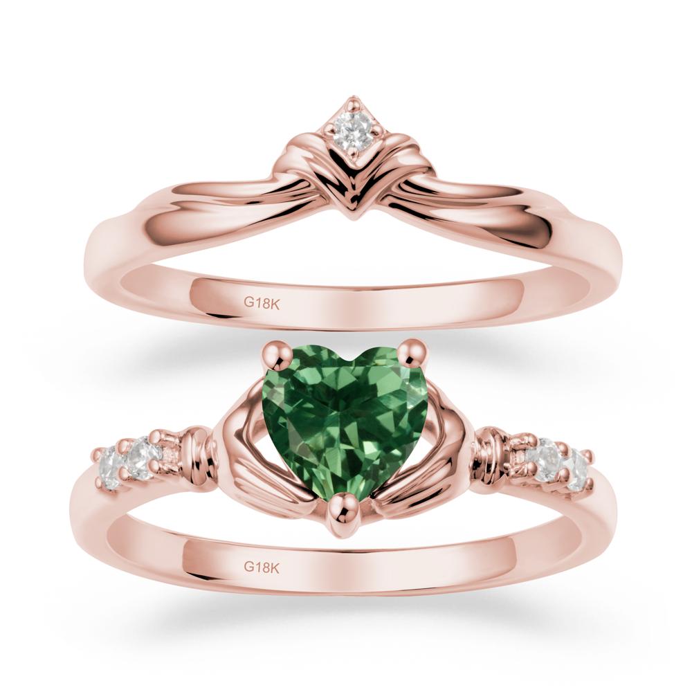 Green Sapphire Claddagh Wedding Ring Sets - LUO Jewelry #metal_18k rose gold