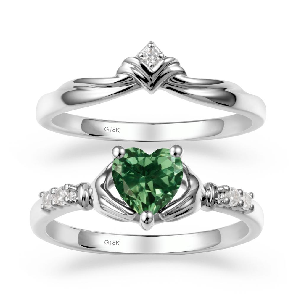 Green Sapphire Claddagh Wedding Ring Sets - LUO Jewelry #metal_18k white gold