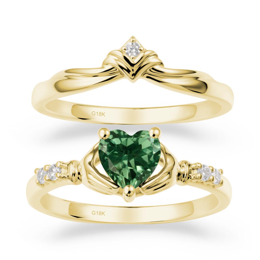 Green Sapphire Claddagh Wedding Ring Sets - LUO Jewelry #metal_18k yellow gold