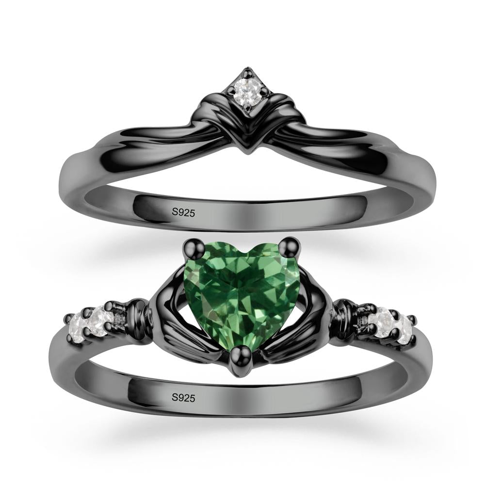 Green Sapphire Claddagh Wedding Ring Sets - LUO Jewelry #metal_black finish sterling silver