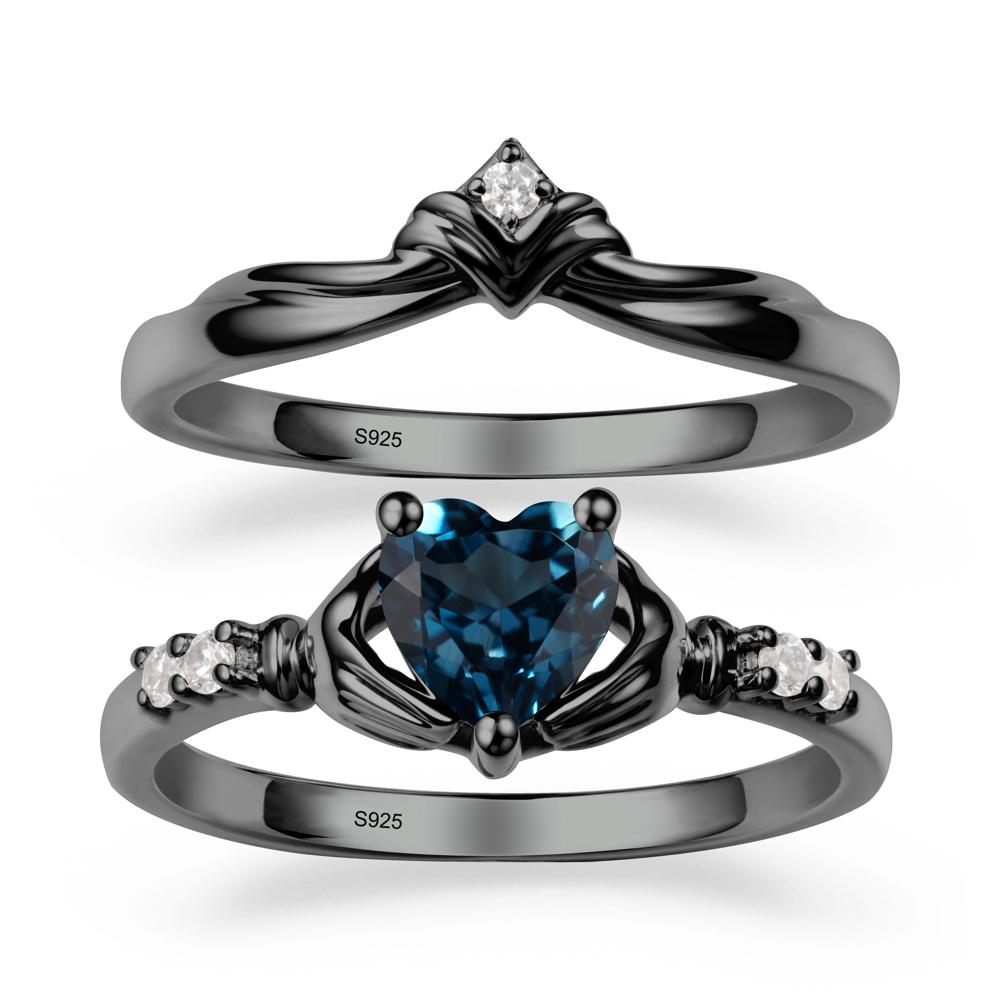 London Blue Topaz Claddagh Engagement Ring Sets - LUO Jewelry #metal_black finish sterling silver