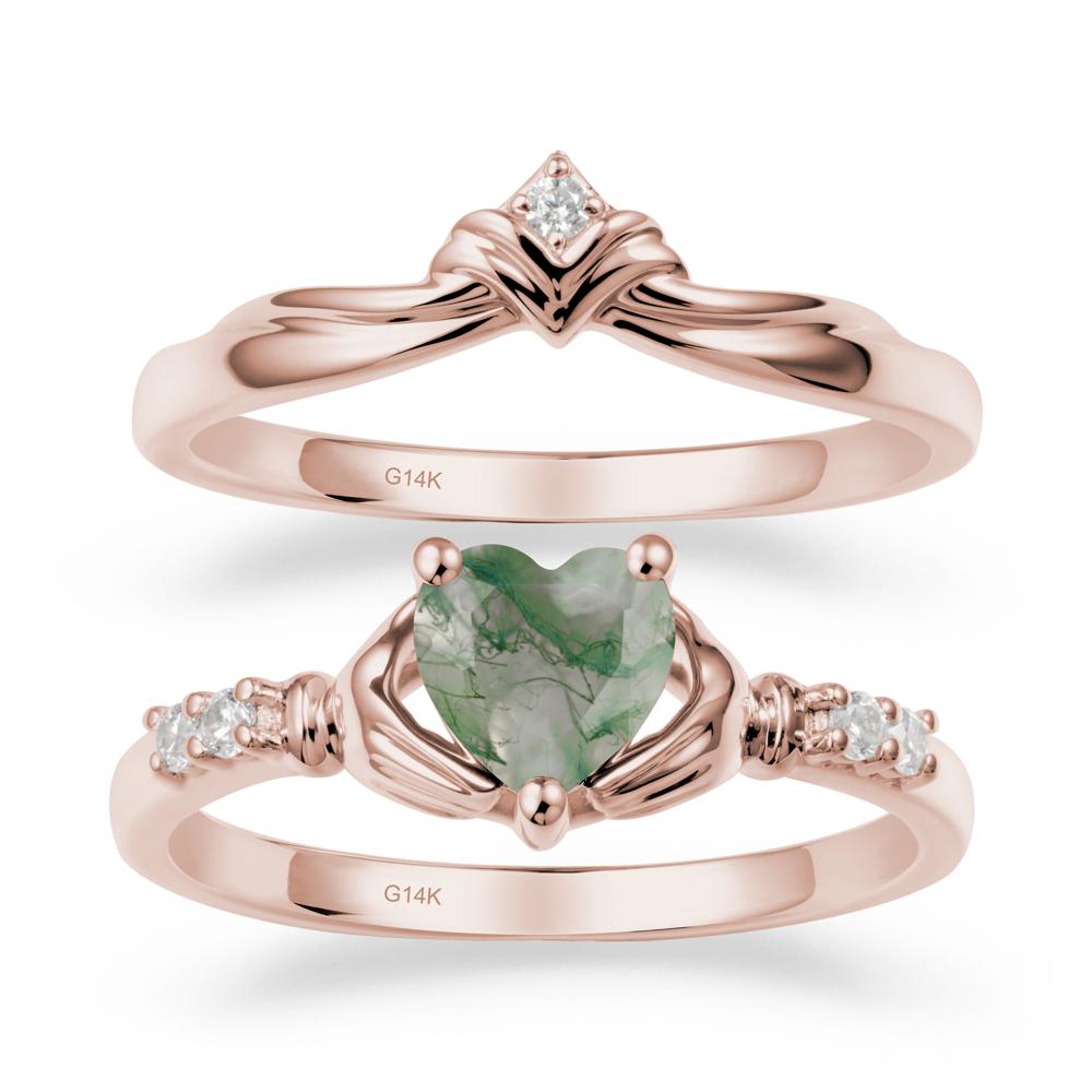 Heart Shaped Moss Agate Claddagh Wedding Band Sets - LUO Jewelry #metal_14k rose gold