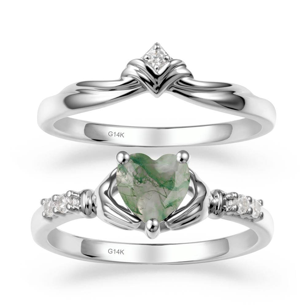 Heart Shaped Moss Agate Claddagh Wedding Band Sets - LUO Jewelry #metal_14k white gold