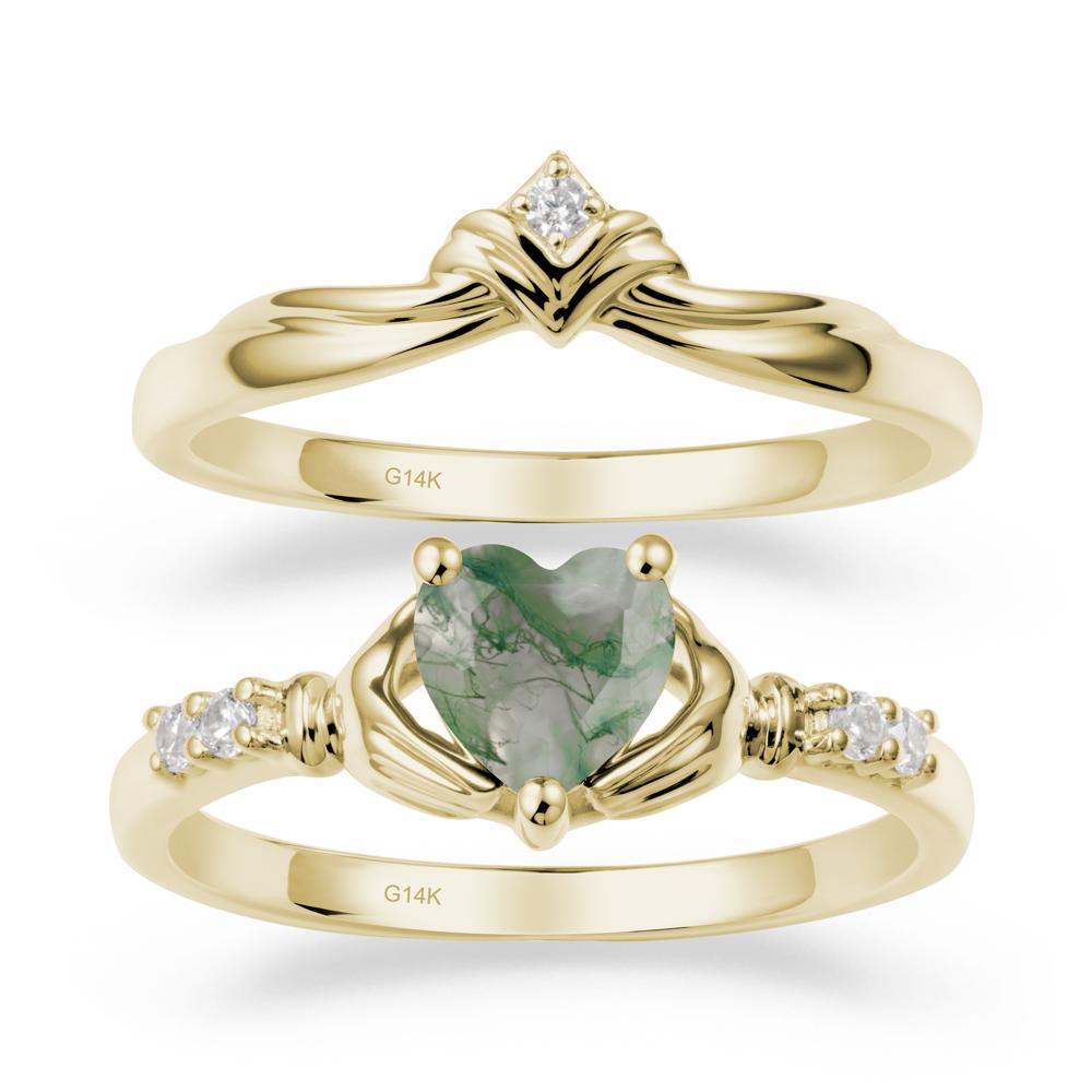 Heart Shaped Moss Agate Claddagh Wedding Band Sets - LUO Jewelry #metal_14k yellow gold