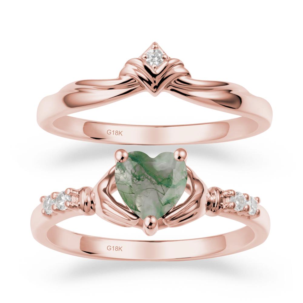 Heart Shaped Moss Agate Claddagh Wedding Band Sets - LUO Jewelry #metal_18k rose gold