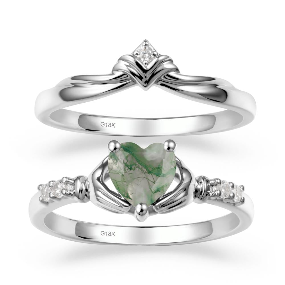 Heart Shaped Moss Agate Claddagh Wedding Band Sets - LUO Jewelry #metal_18k white gold