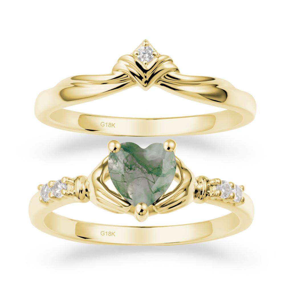 Heart Shaped Moss Agate Claddagh Wedding Band Sets - LUO Jewelry #metal_18k yellow gold