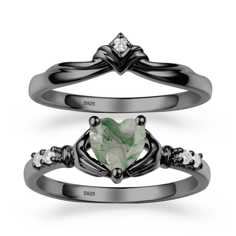 Heart Shaped Moss Agate Claddagh Wedding Band Sets - LUO Jewelry #metal_black finish sterling silver
