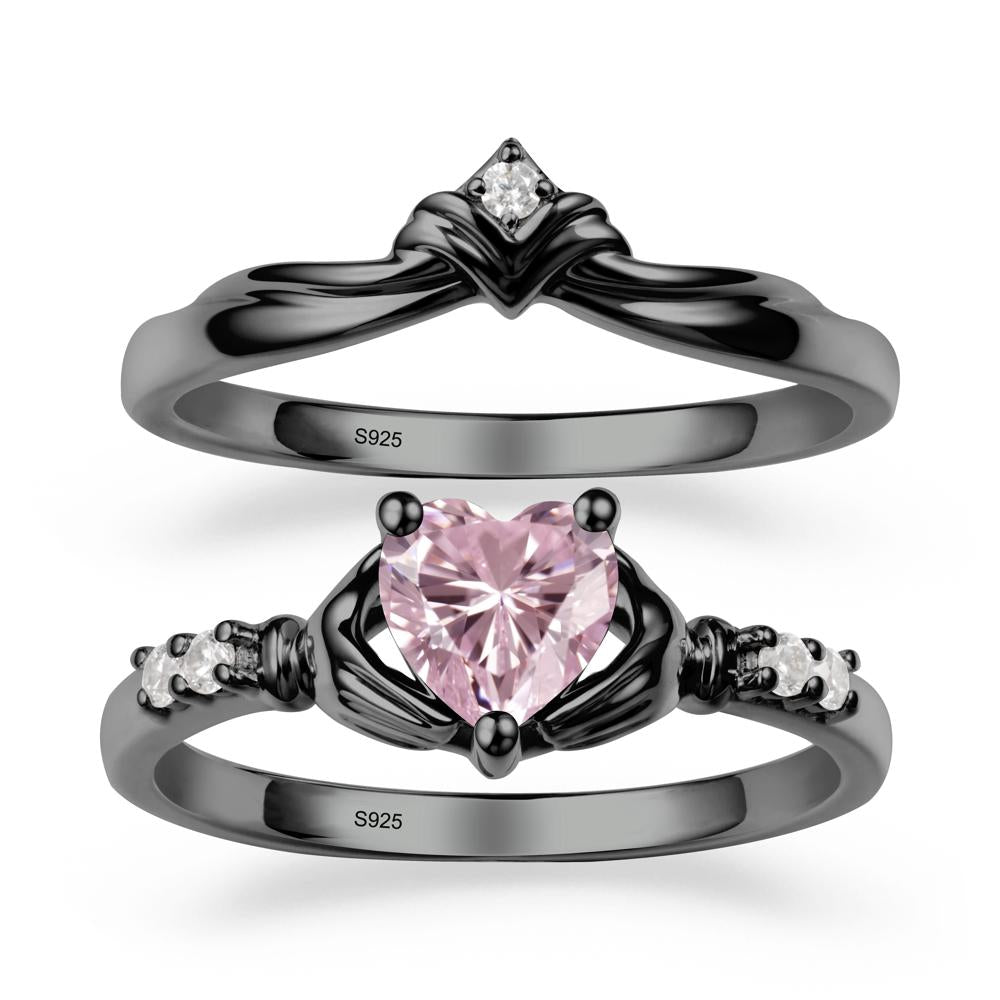 Pink Cubic Zirconia Claddagh Engagement Ring Sets - LUO Jewelry #metal_black finish sterling silver