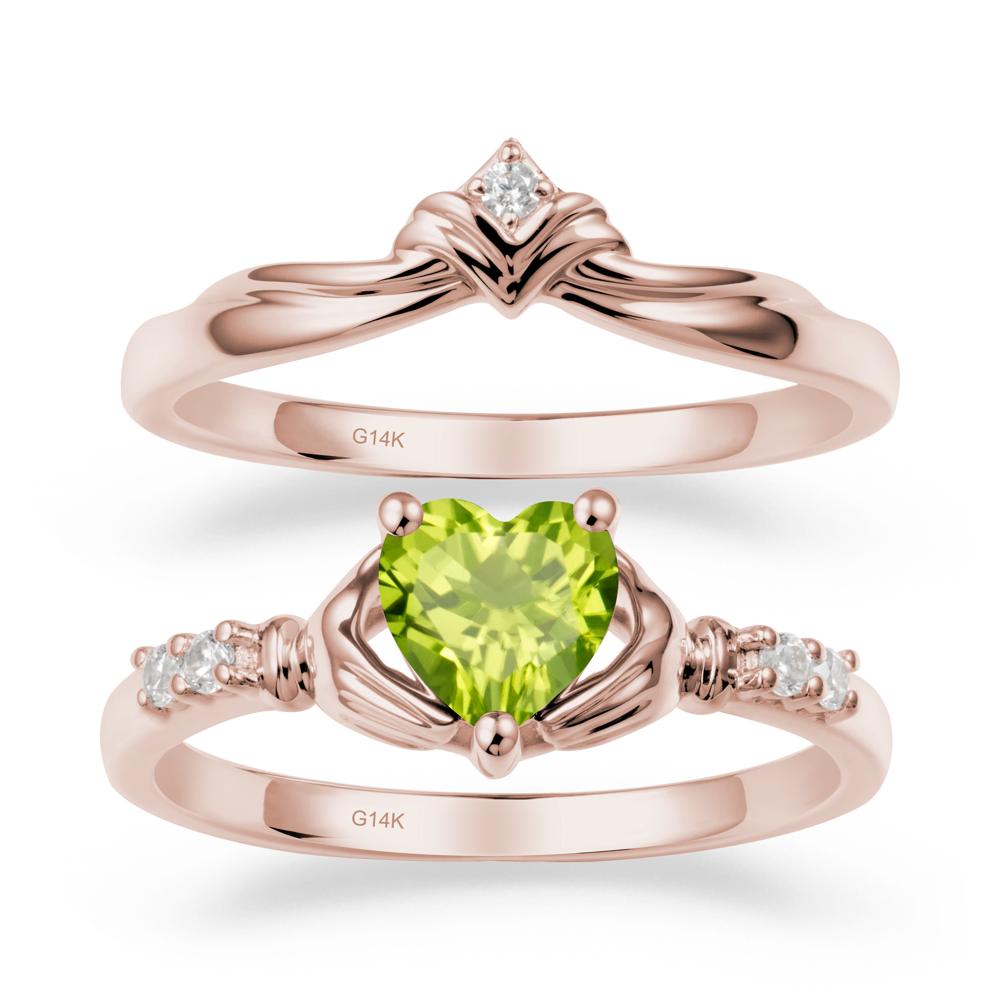 Heart Shaped Peridot Claddagh Wedding Band Sets - LUO Jewelry #metal_14k rose gold