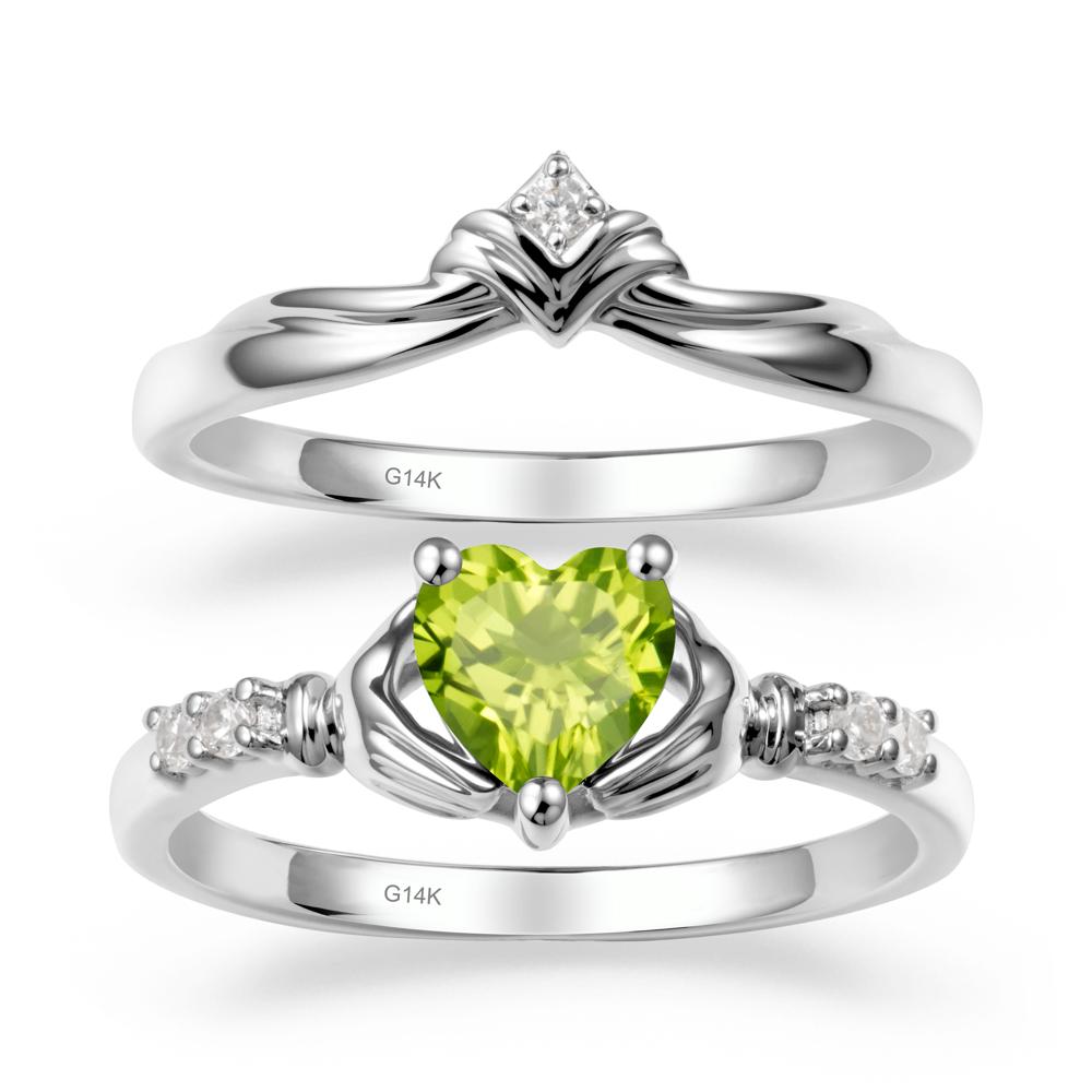 Heart Shaped Peridot Claddagh Wedding Band Sets - LUO Jewelry #metal_14k white gold
