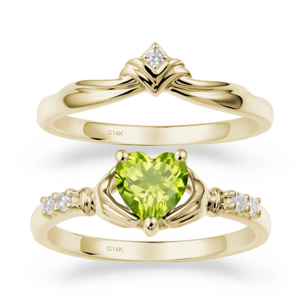 Heart Shaped Peridot Claddagh Wedding Band Sets - LUO Jewelry #metal_14k yellow gold