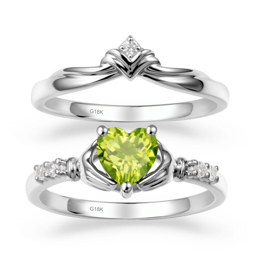 Heart Shaped Peridot Claddagh Wedding Band Sets - LUO Jewelry #metal_18k white gold