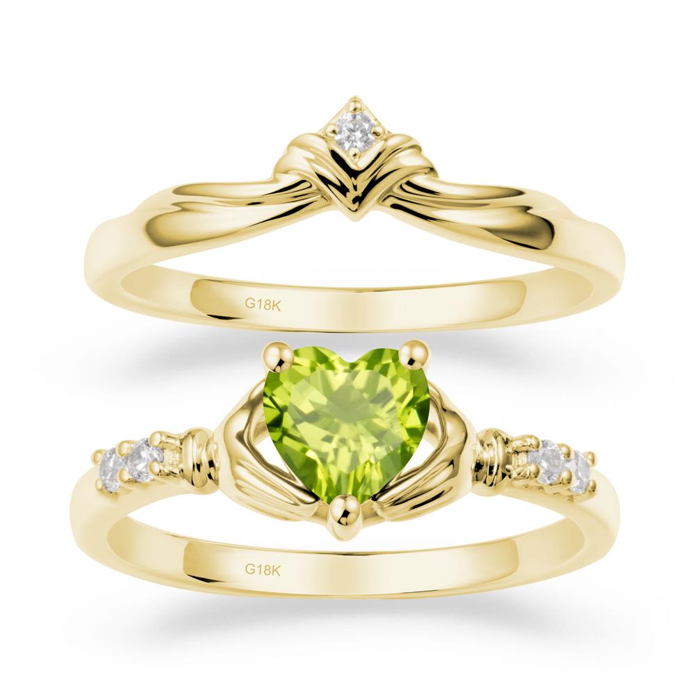 Heart Shaped Peridot Claddagh Wedding Band Sets - LUO Jewelry #metal_18k yellow gold