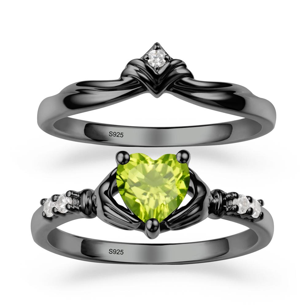 Heart Shaped Peridot Claddagh Wedding Band Sets - LUO Jewelry #metal_black finish sterling silver