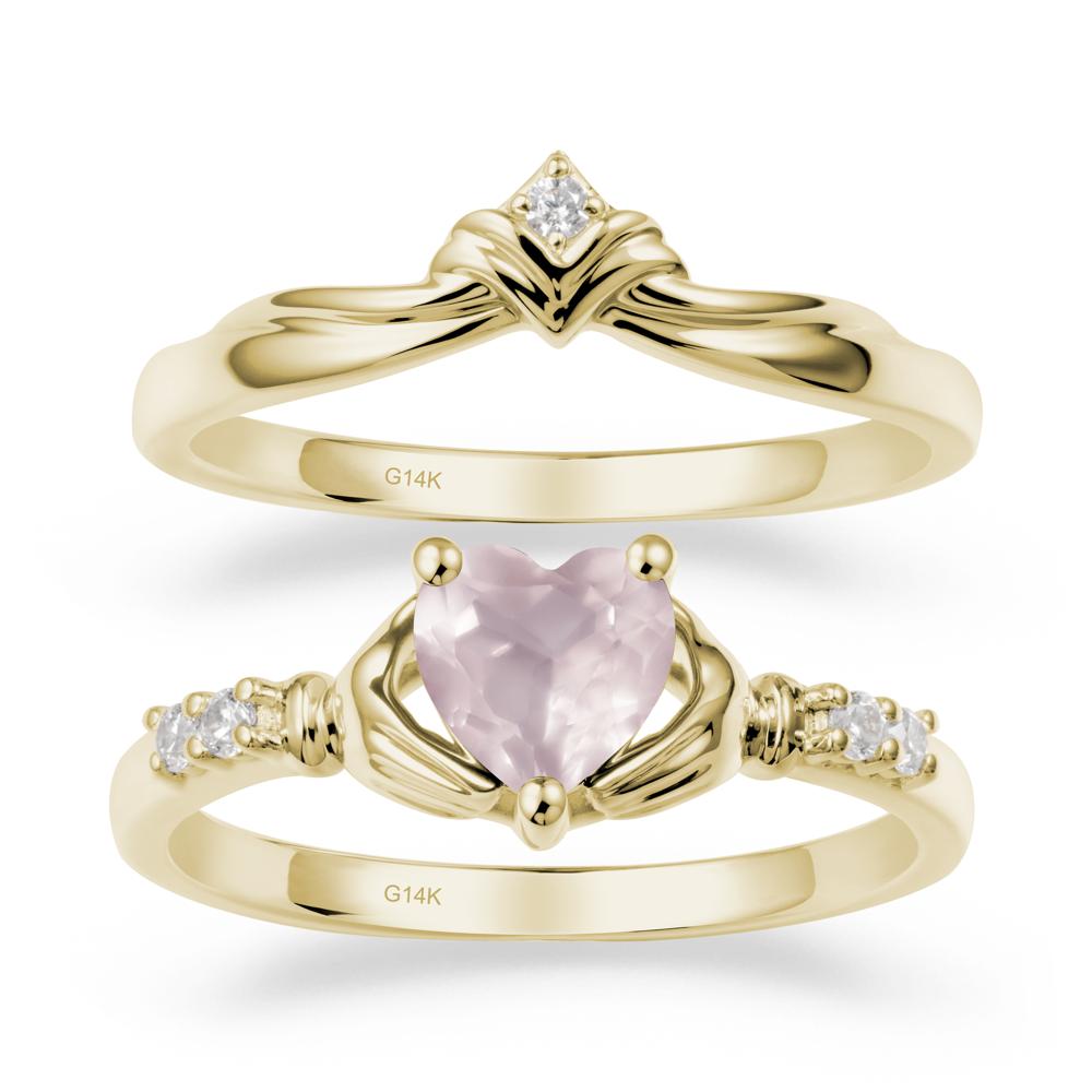 Rose Quartz Claddagh Wedding Ring Sets - LUO Jewelry #metal_14k yellow gold